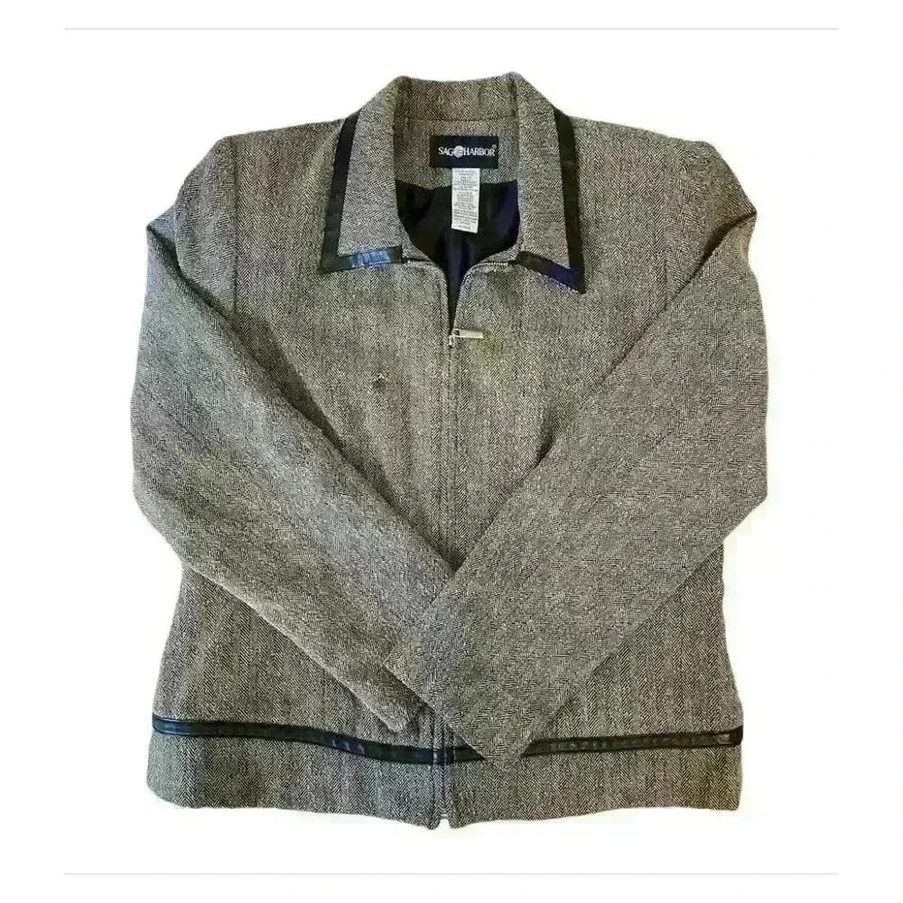 Sag Harbor Women's Brown Tan Herringbone Blazer Jacket Size 12 Zip